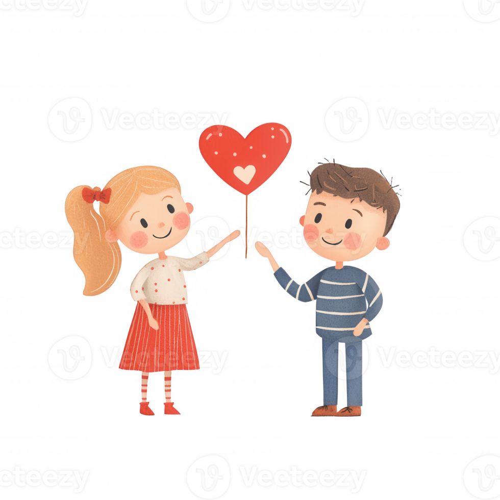 Cute illustration of kids sharing a heart-shaped balloon, symbolizing friendship. png