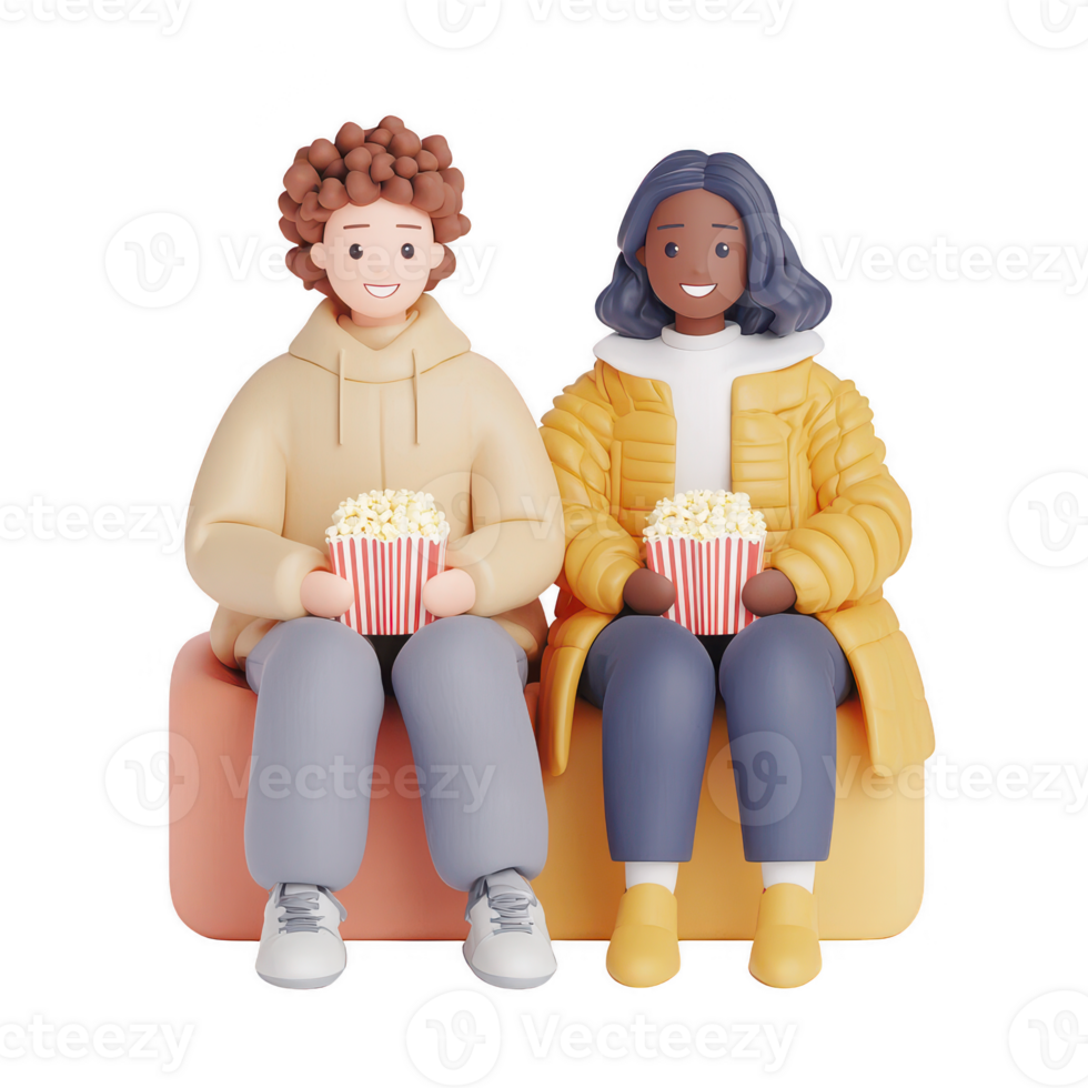 A cheerful couple enjoying popcorn while relaxing on colorful seating. png