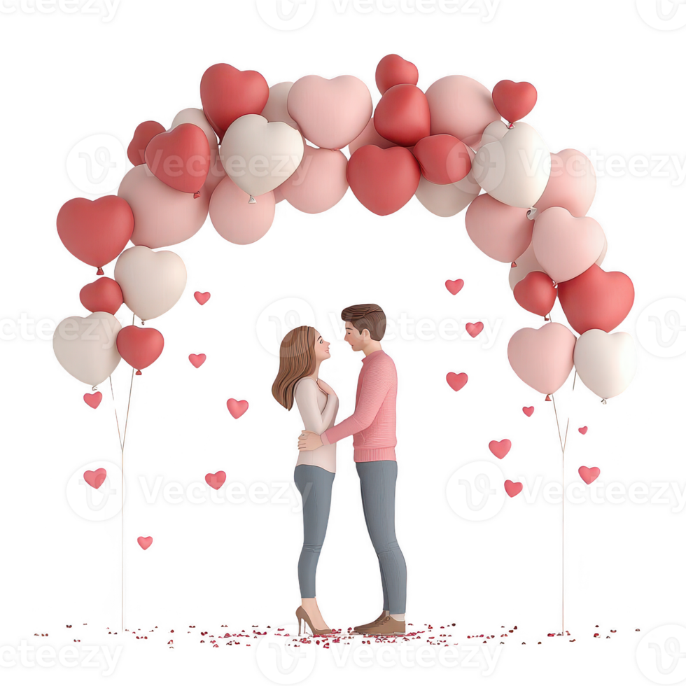 Couple kissing under a heart-shaped balloon arch for a romantic celebration. png