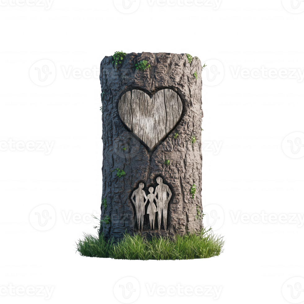 A tree stump features a love heart carving and human silhouettes, symbolizing nature and love. png