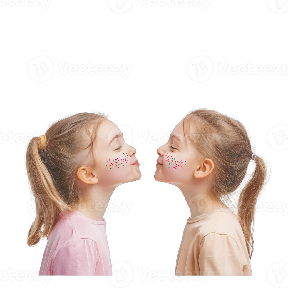 Two girls with playful expressions kissing each other on the cheeks, emphasizing joy. png