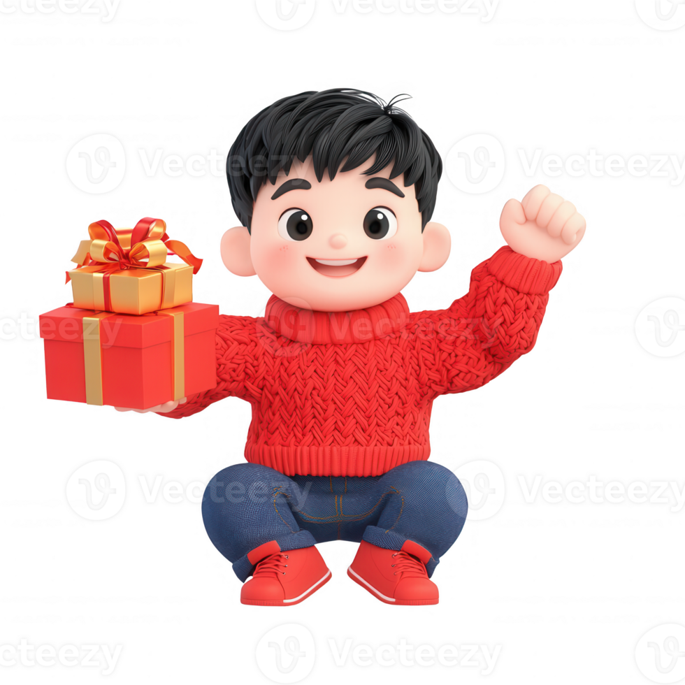 A cheerful child in a red sweater happily holding a gift box, celebrating joy. png