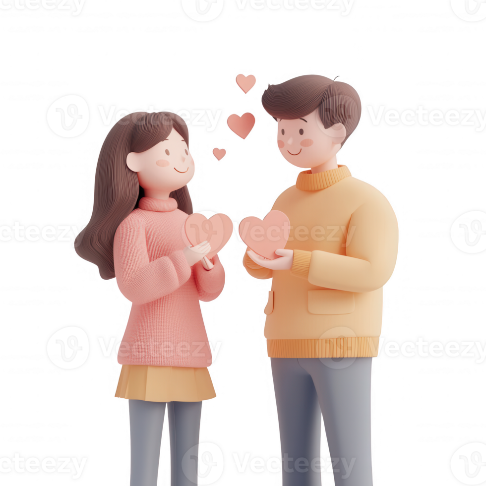 A cheerful couple holding hearts, representing love and togetherness in a joyful manner. png