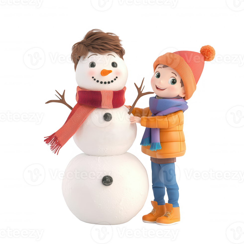 A cheerful child building a snowman, enjoying winter fun and creativity in the snow. png
