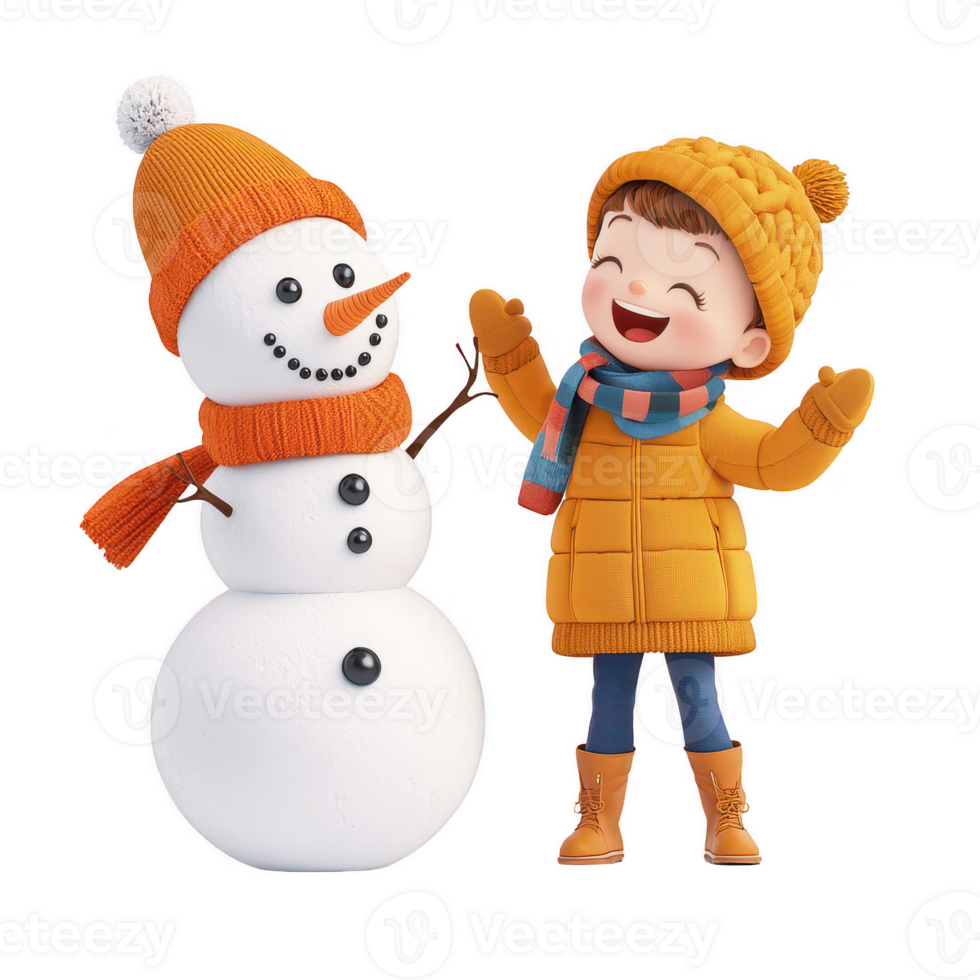 A cheerful child in winter attire enjoys building a snowman in a snowy landscape. png
