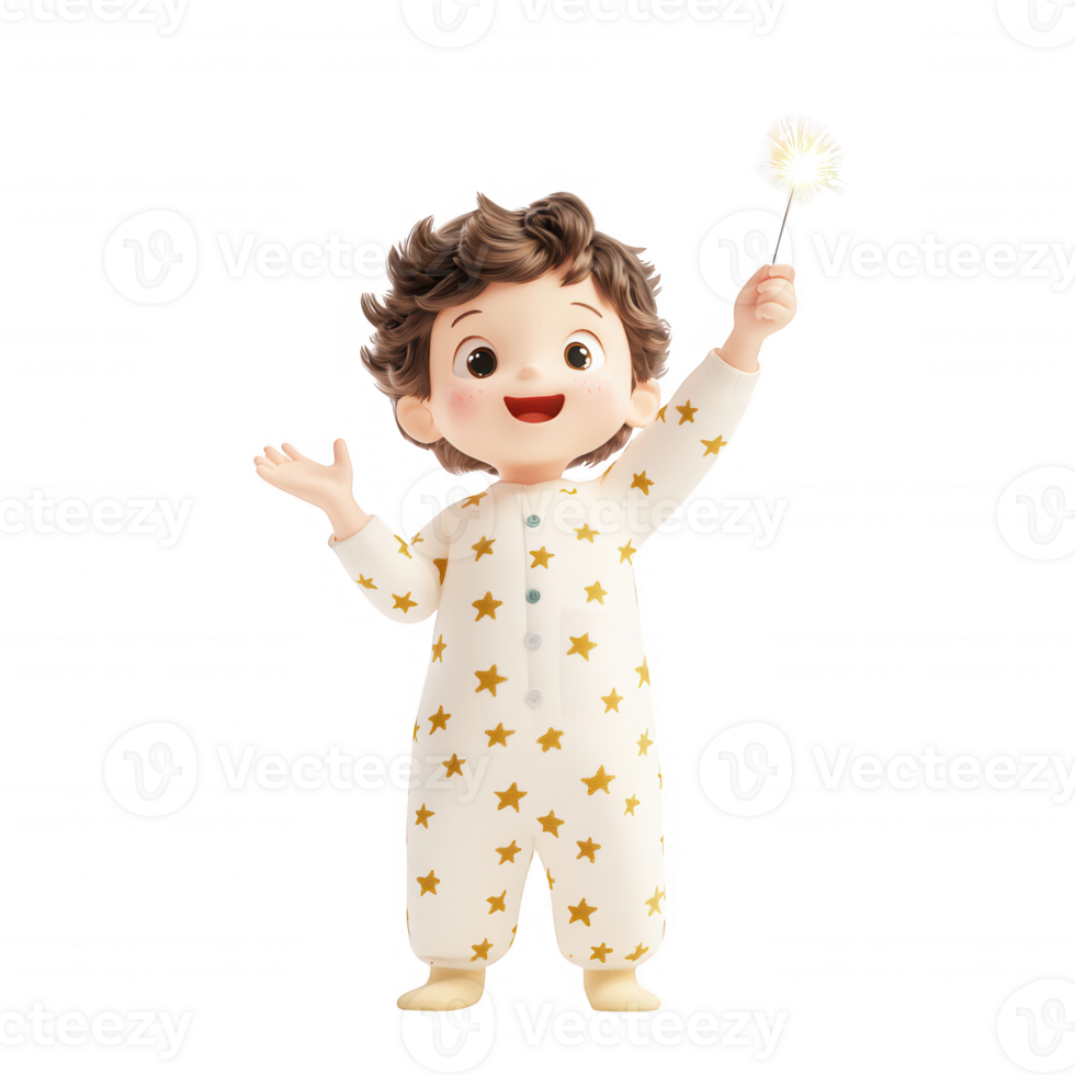 A cheerful child in a starry pajamas holding a magic wand, celebrating joyfully. png