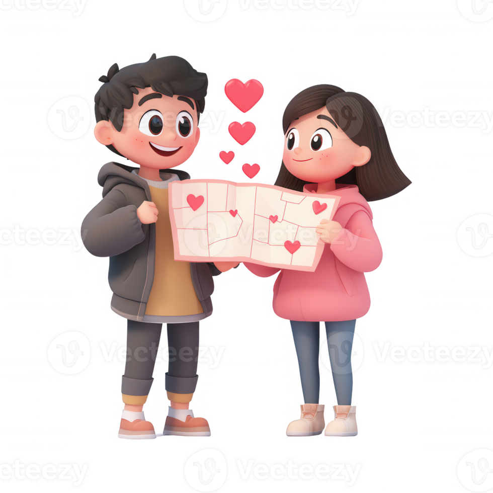 A cheerful couple holding a map filled with hearts, symbolizing love and adventure. png