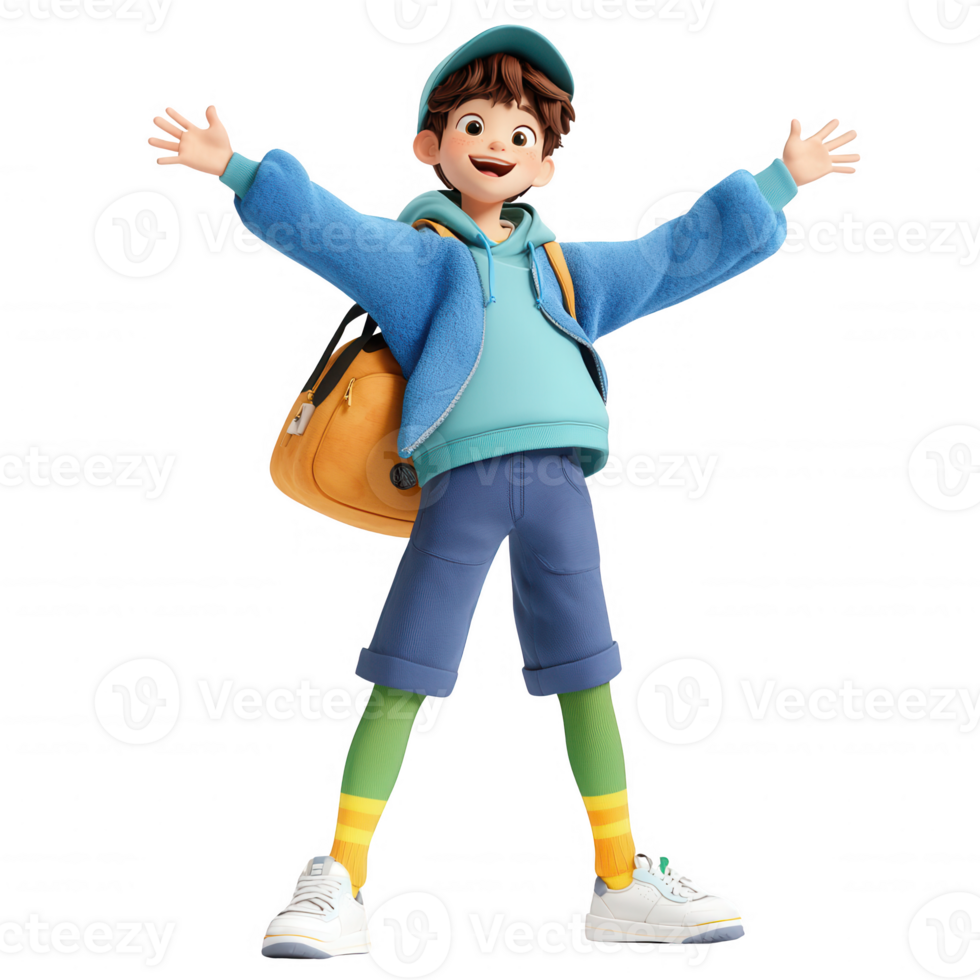 A cheerful child in colorful attire, ready for adventure with a backpack. png