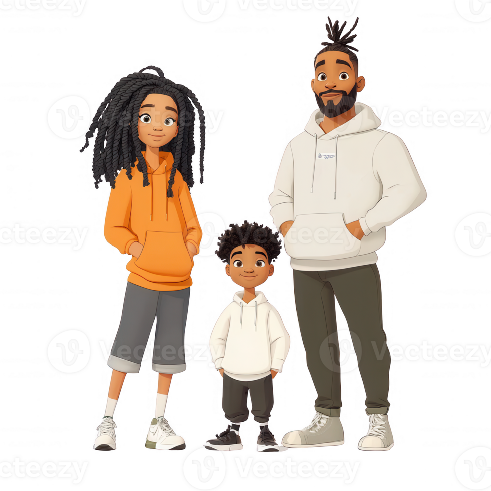 A cheerful family of three dressed in casual hoodies, showcasing joy and togetherness. png