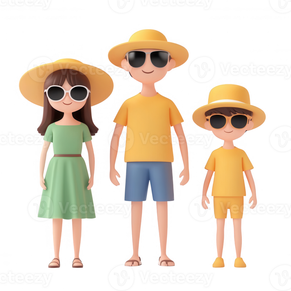 A cheerful family dressed in summer outfits enjoying a sunny day together. png