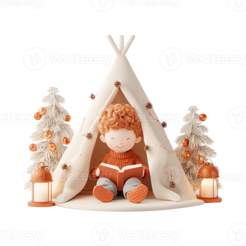 A cozy child reading a book in a festive tent surrounded by decorative trees and lights. png