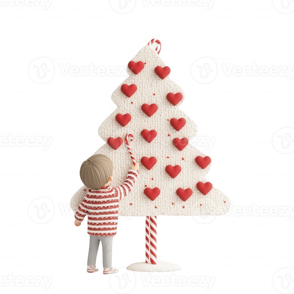 A child decorates a Christmas tree with heart-shaped ornaments, spreading holiday joy. png