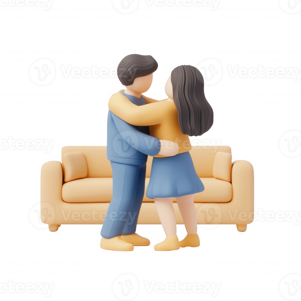 A couple embraces joyfully in a cozy indoor setting on a comfortable sofa. png