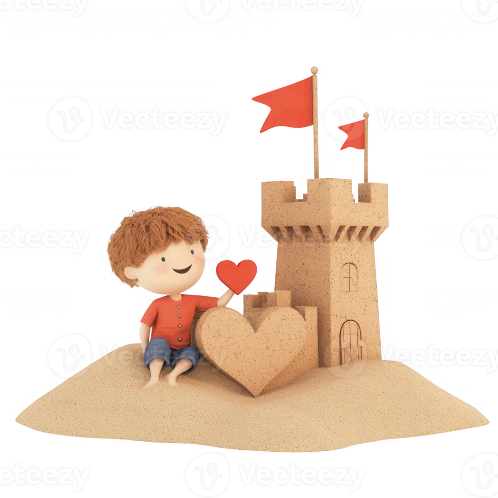 A child builds a heart-shaped sandcastle on a sunny beach, capturing joyful creativity. png