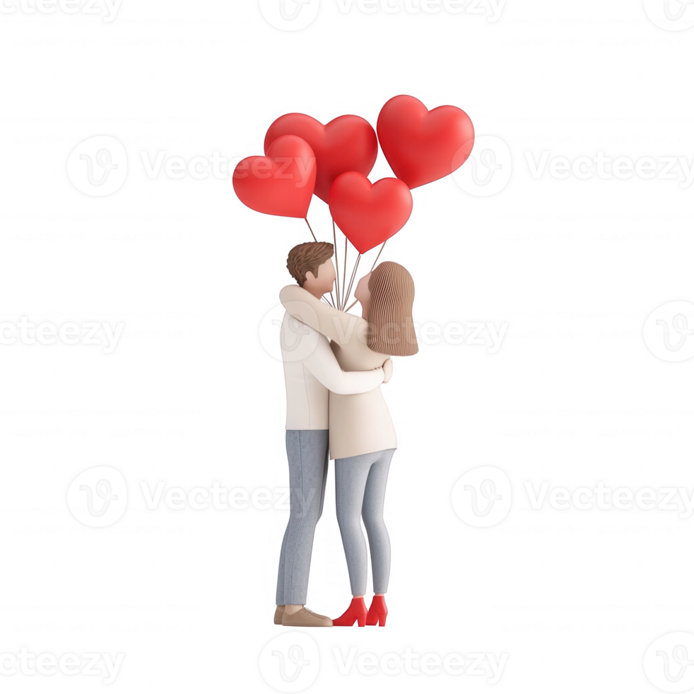 A couple embracing joyfully while holding heart-shaped balloons. png