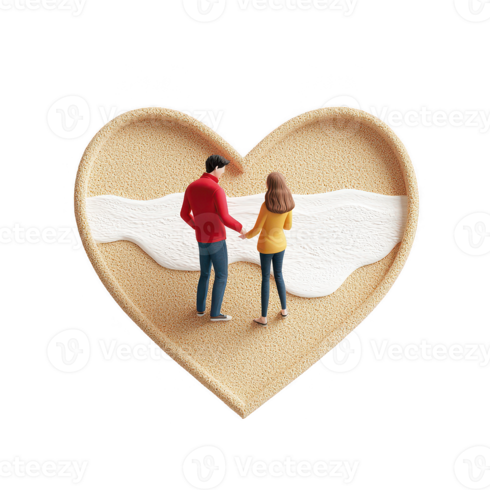 A couple stands in a heart-shaped sand design, symbolizing love and connection. png