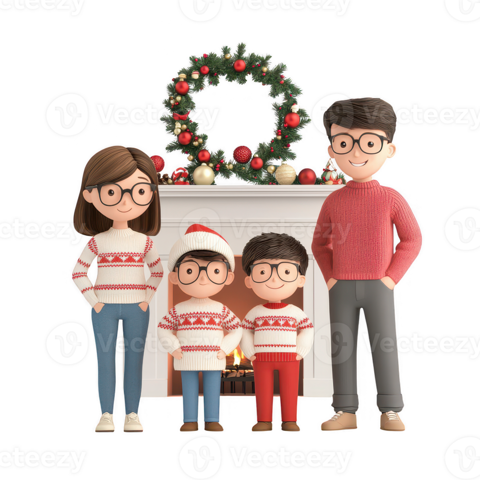 A cheerful family in festive attire stands by a decorated fireplace. png