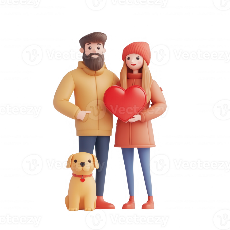 A couple smiling and holding a heart, accompanied by a playful dog. png