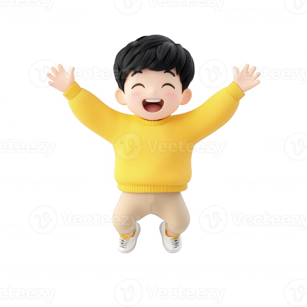 A cheerful child in a yellow sweater joyfully jumps with excitement and happiness. png