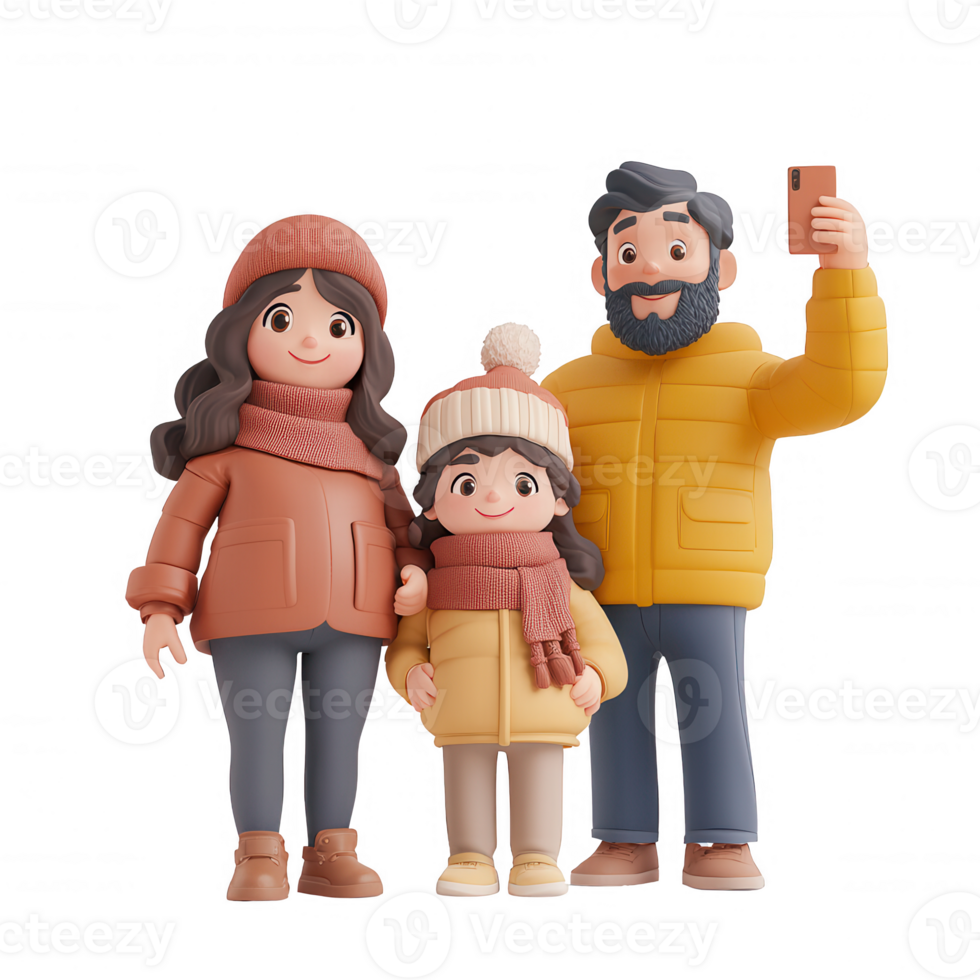A cheerful family enjoying a winter day, captured in a playful 3D illustration. png