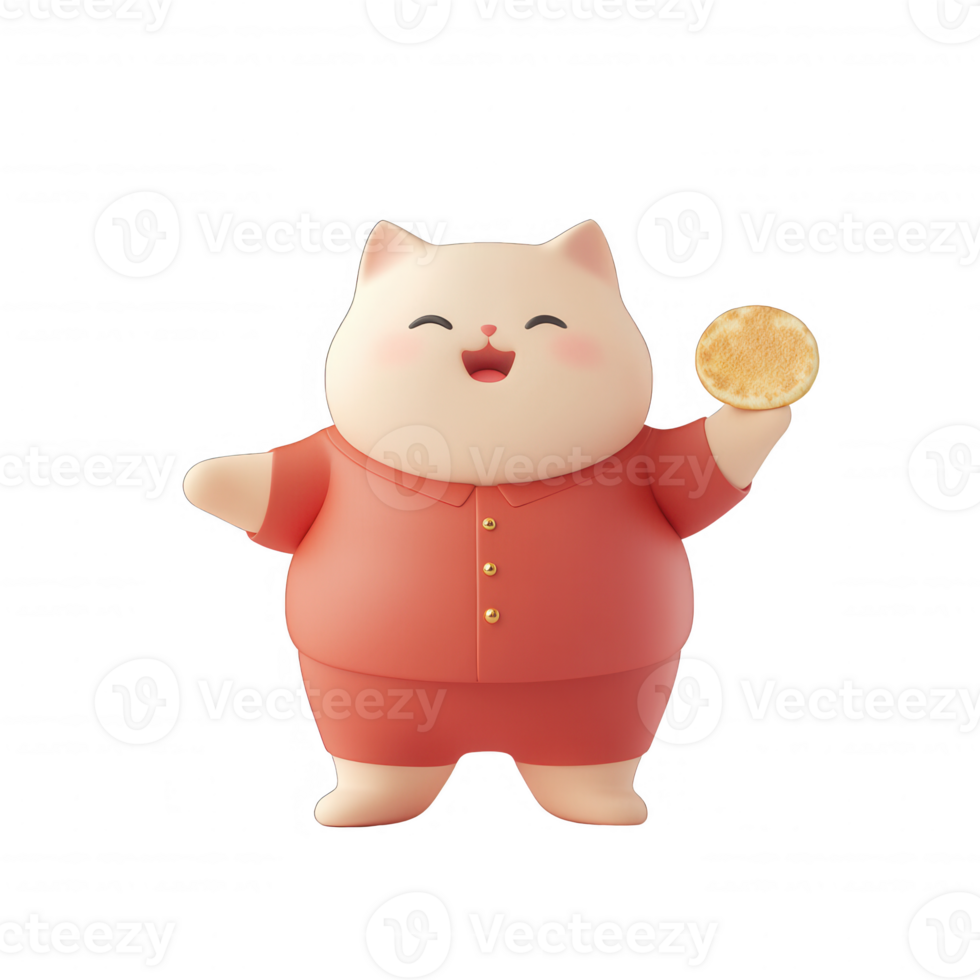 A cute cat character holding a gold coin, symbolizing prosperity and happiness. png