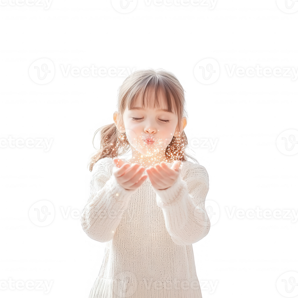 A young girl blowing sparkles from her hands in a joyful moment of wonder. png