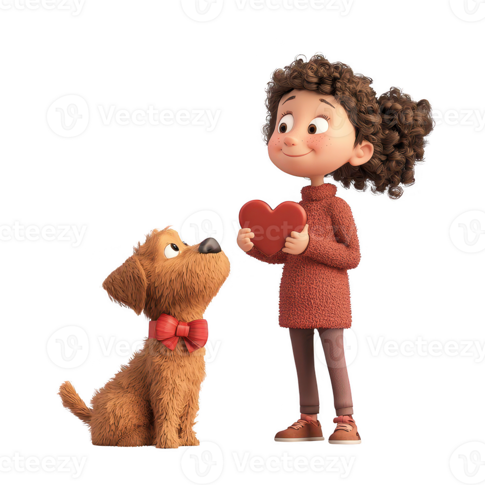 A girl holds a heart while her adorable dog looks up, showcasing love and friendship. png