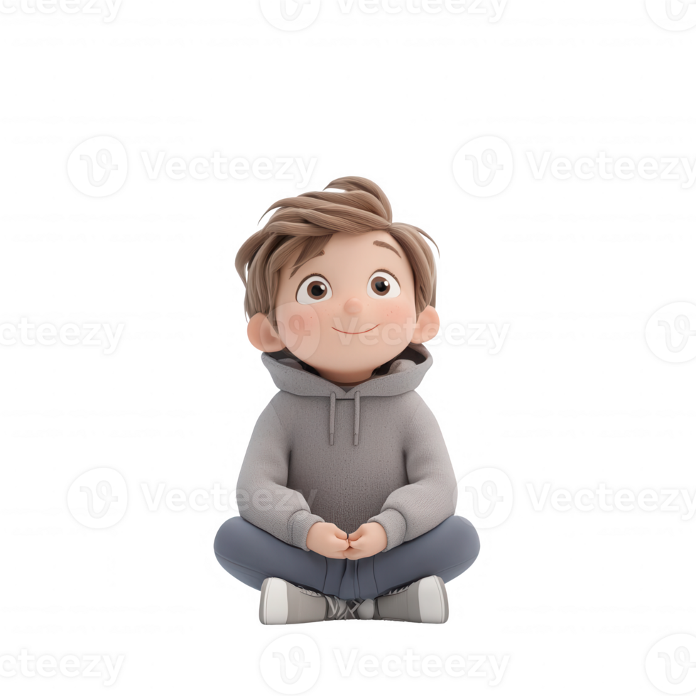 A joyful animated boy sitting cross-legged, reflecting happiness and innocence. png