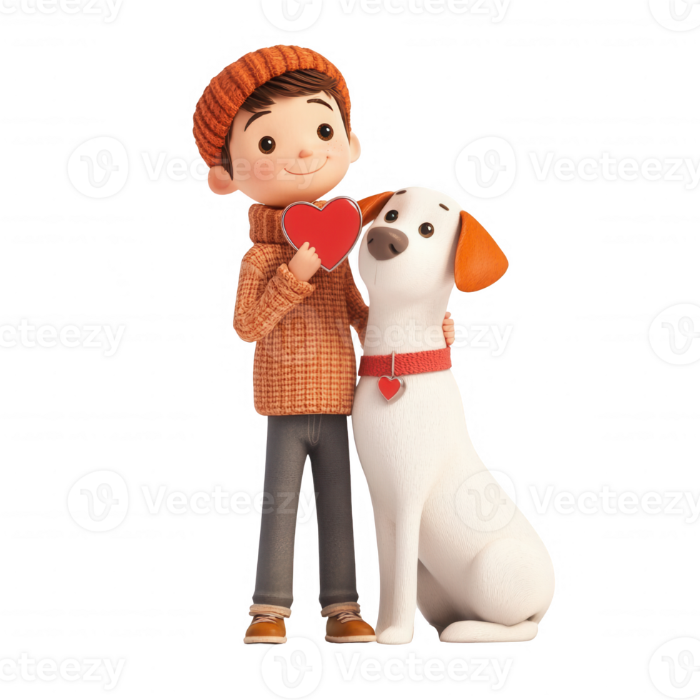 A joyful boy holding a heart symbol with his dog, showcasing love and companionship. png