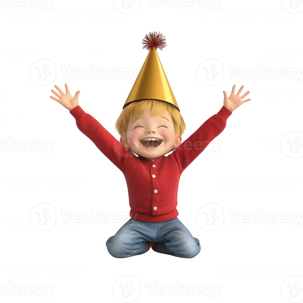 A joyful child celebrating with a party hat, full of happiness and excitement. png