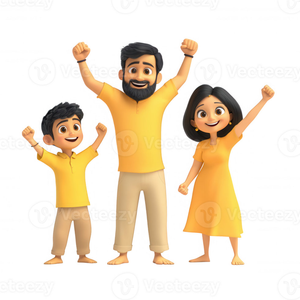 A happy family celebrating together with joyful expressions and raised hands. png
