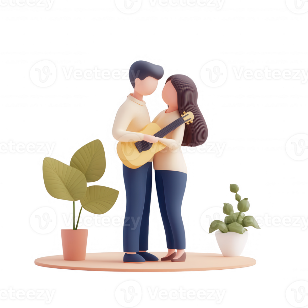 A joyful couple embraces each other while playing guitar in a cozy environment. png