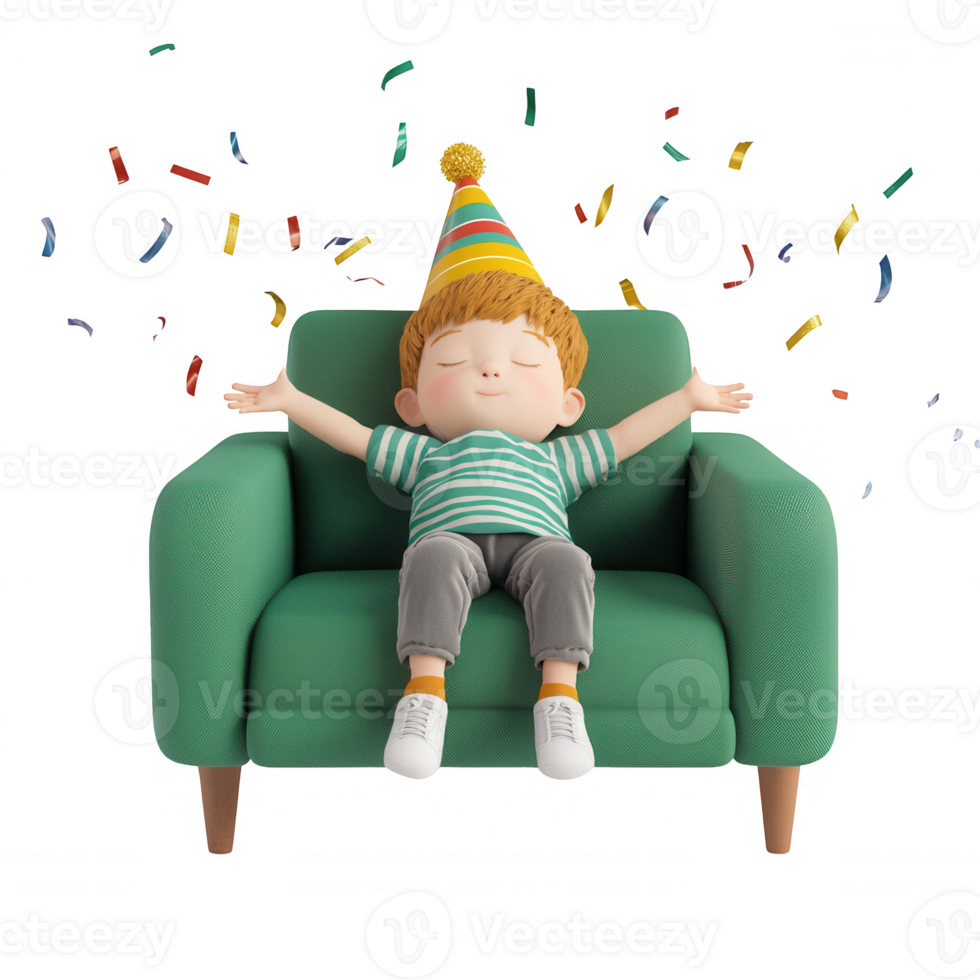 A joyful child celebrating with confetti while sitting on a cozy green sofa. png