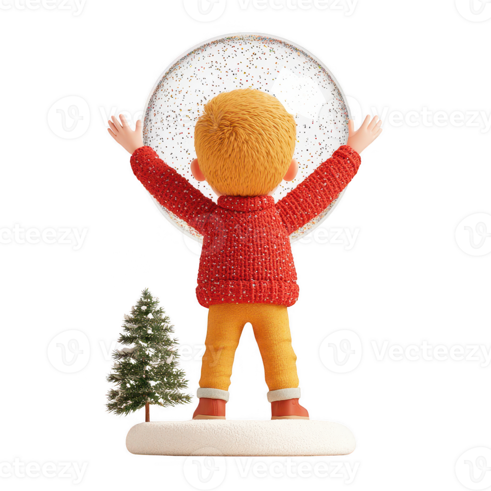 A joyful child marvels at a snow globe, capturing the essence of winter magic. png