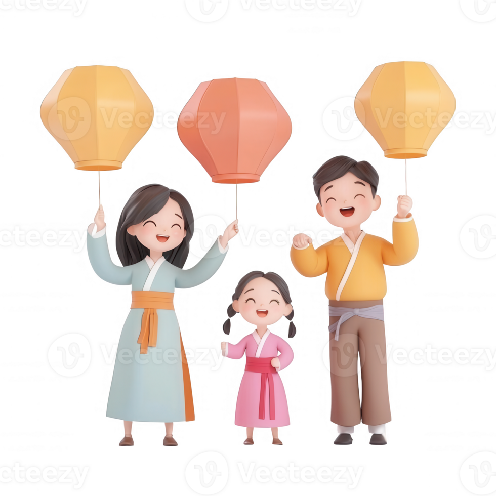 A joyful family celebrating a festival with colorful lanterns in traditional attire. png