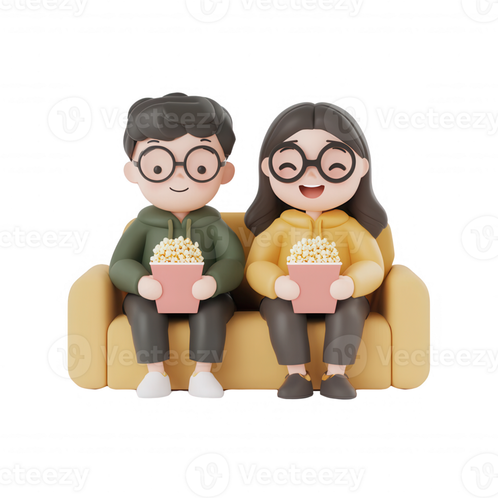 A joyful couple enjoying a movie night with popcorn on a cozy couch. png