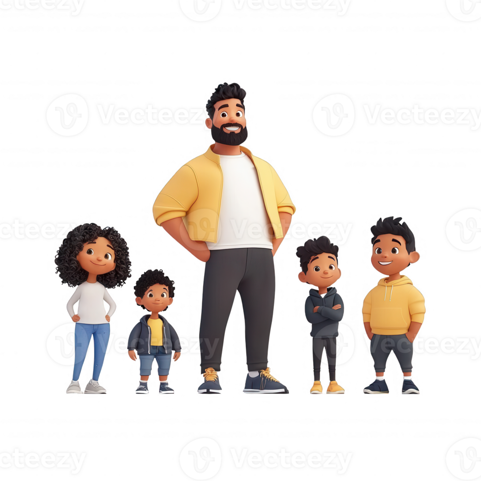 A joyful family portrait featuring a father and his four children with cheerful expressions. png