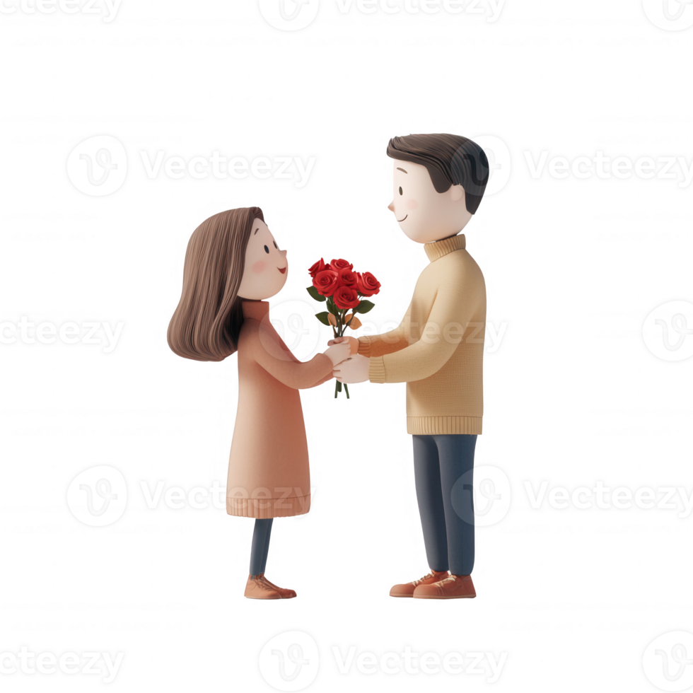 A loving couple sharing a moment with a bouquet of roses in a warm embrace. png
