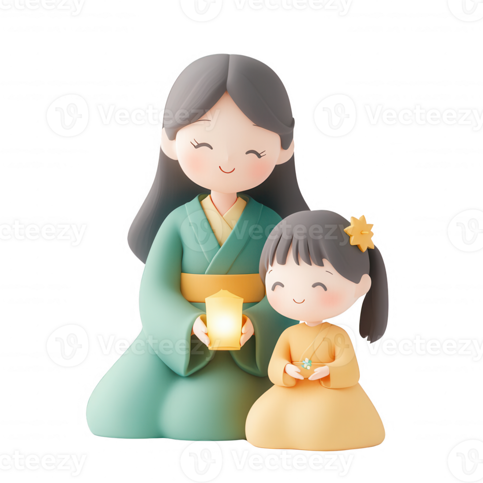 A mother and daughter in traditional clothing, sharing a peaceful moment together. png