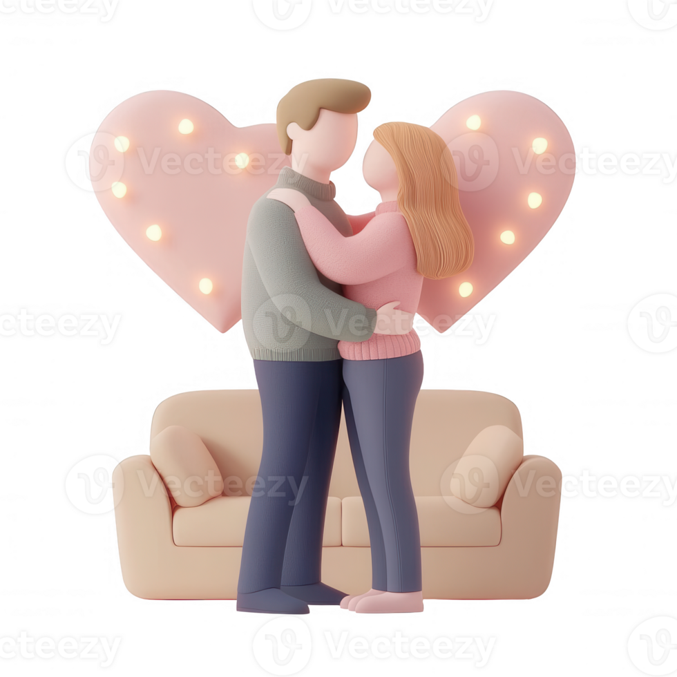 A loving couple embracing in a cozy setting, surrounded by glowing heart decorations. png