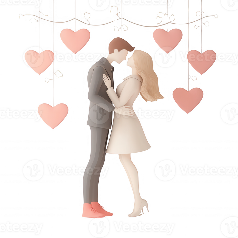 A romantic couple sharing a kiss under hanging hearts, symbolizing love and affection. png