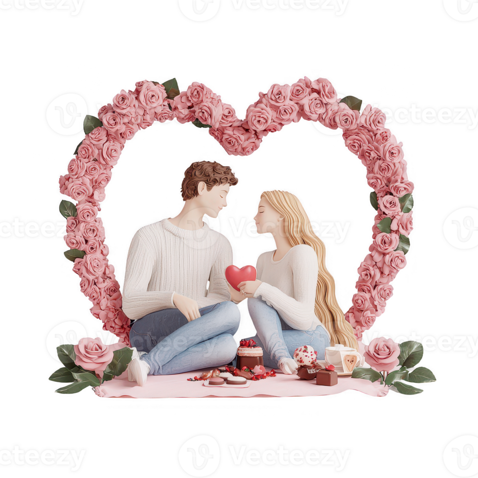 A romantic couple sharing a heart-shaped moment surrounded by beautiful roses. png