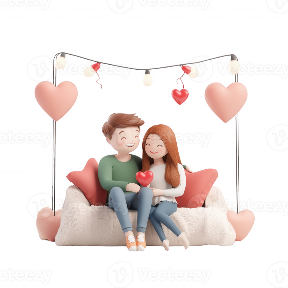 A joyful couple sharing love on a cozy couch with heart decorations. png