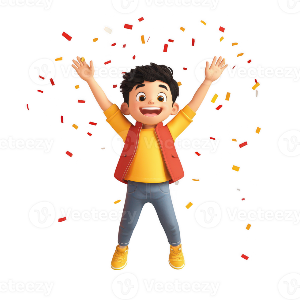 A joyful child celebrating with colorful confetti in the air, showcasing happiness. png