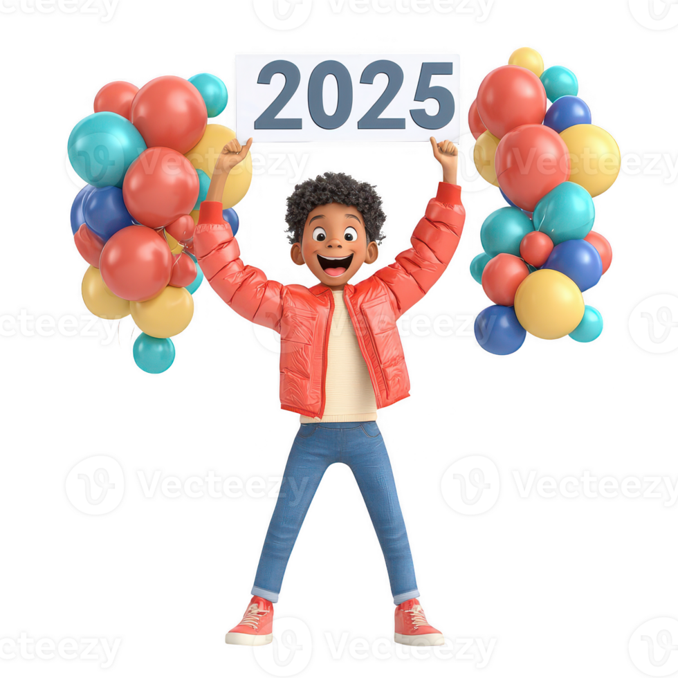 A joyful child celebrating the New Year with balloons and a sign showing 2025. png