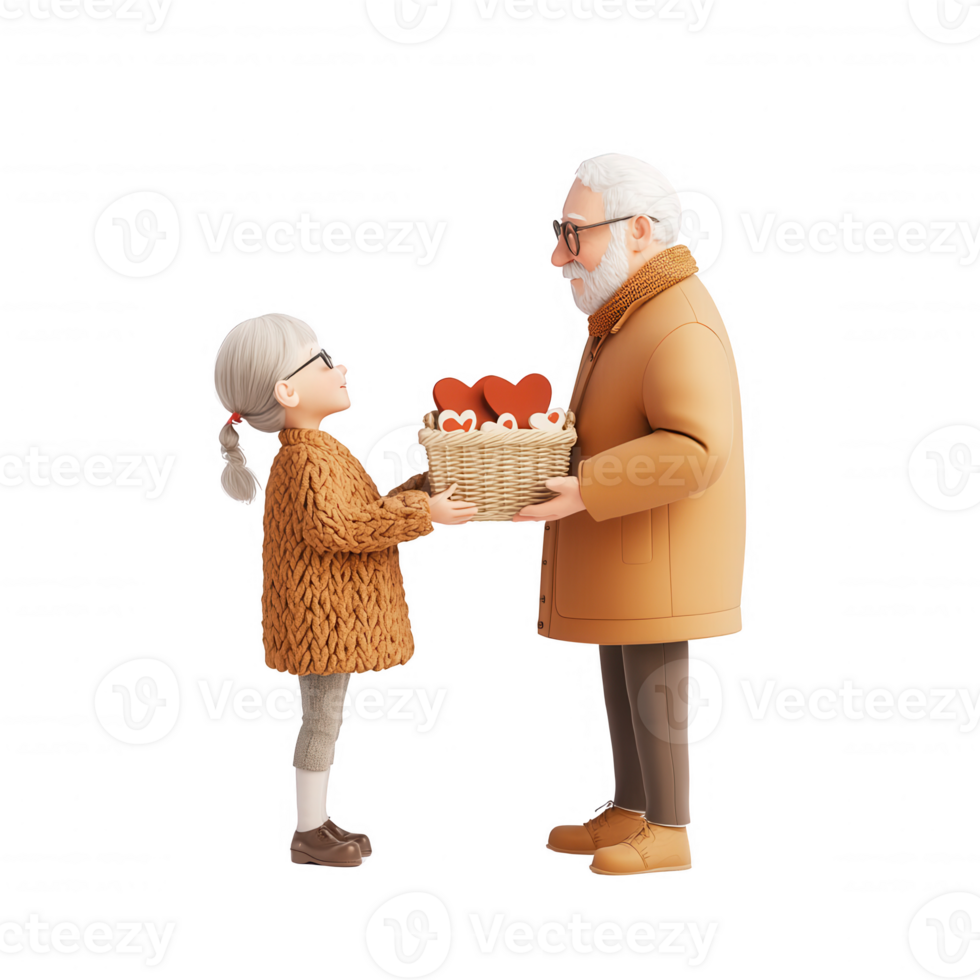 A loving elderly couple exchanging a gift filled with hearts, showcasing kindness. png