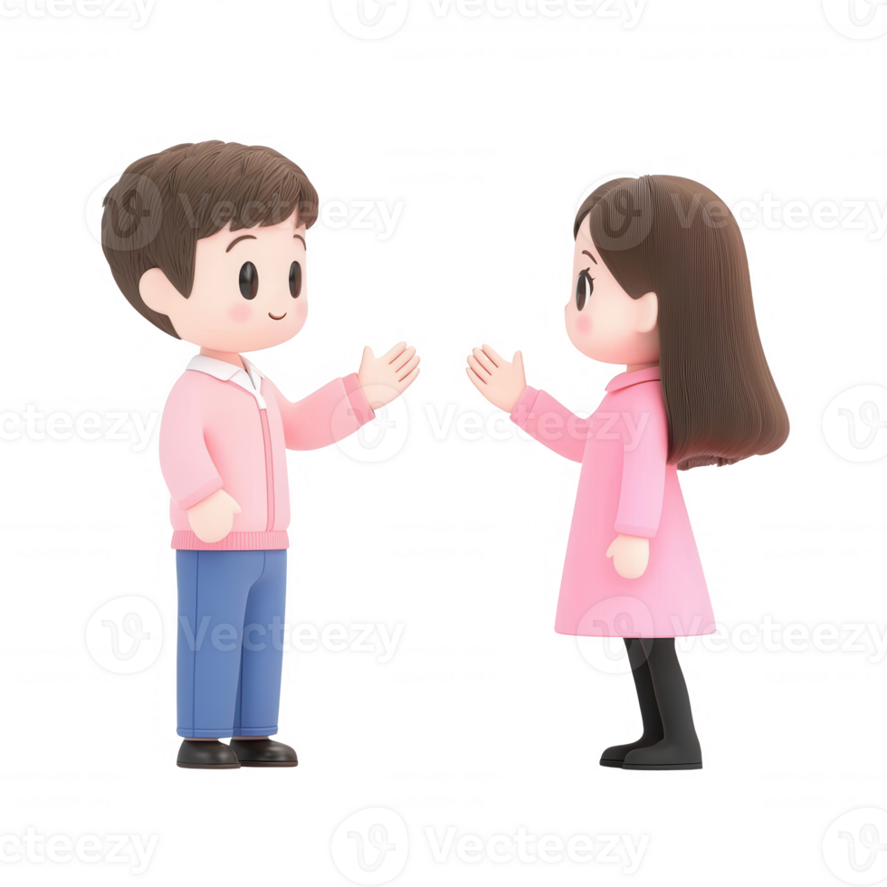 Two animated characters engaging in a friendly conversation, expressing connection. png
