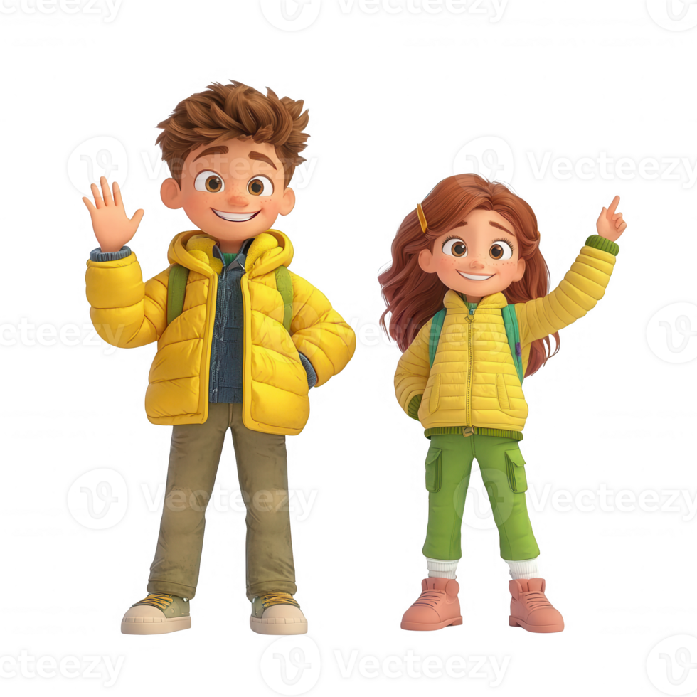 Cheerful cartoon kids in colorful jackets, happily waving and promoting friendship. png