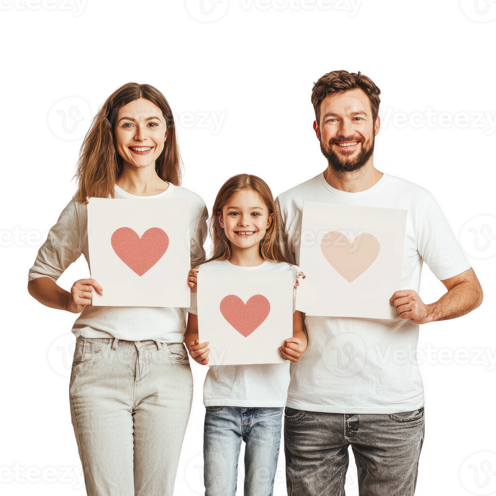 A happy family holds heart signs, expressing love and joy together. png