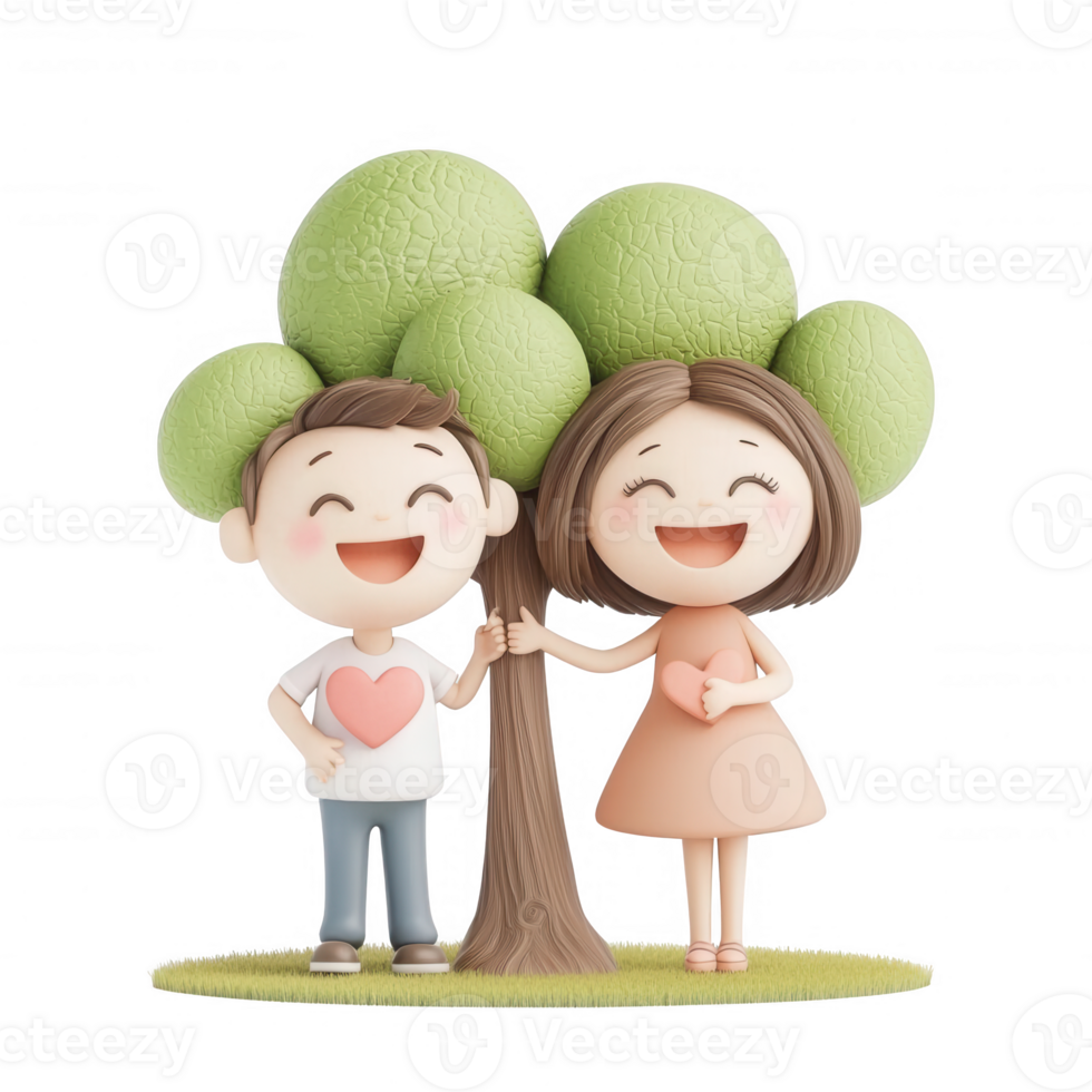 Cheerful cartoon couple standing beside a tree, symbolizing love and nature. png